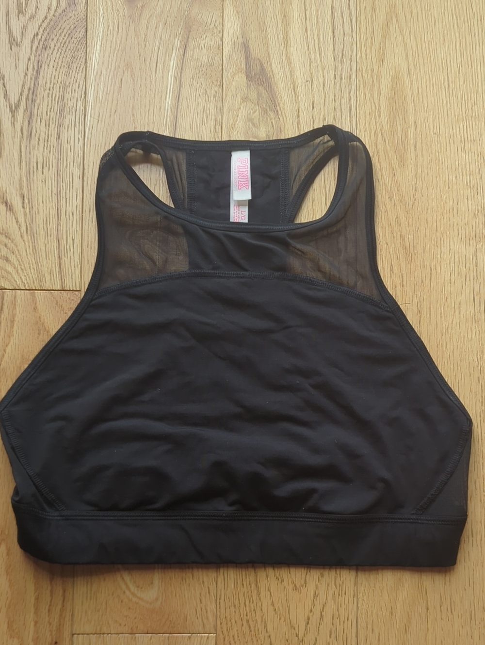 PINK. Black Mesh High-Neck Sports Bralette. Size Large.